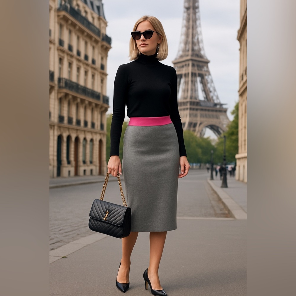 Victor Glemaud Gray Pencil Skirt with Pink Waistband